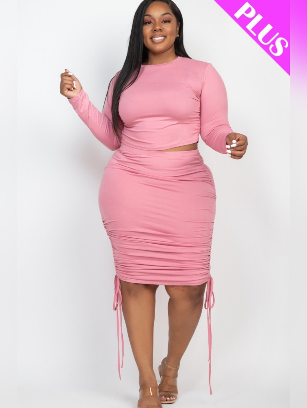 Women’s Pink Ruched Long-Sleeve 2 Piece Bodycon Dress
